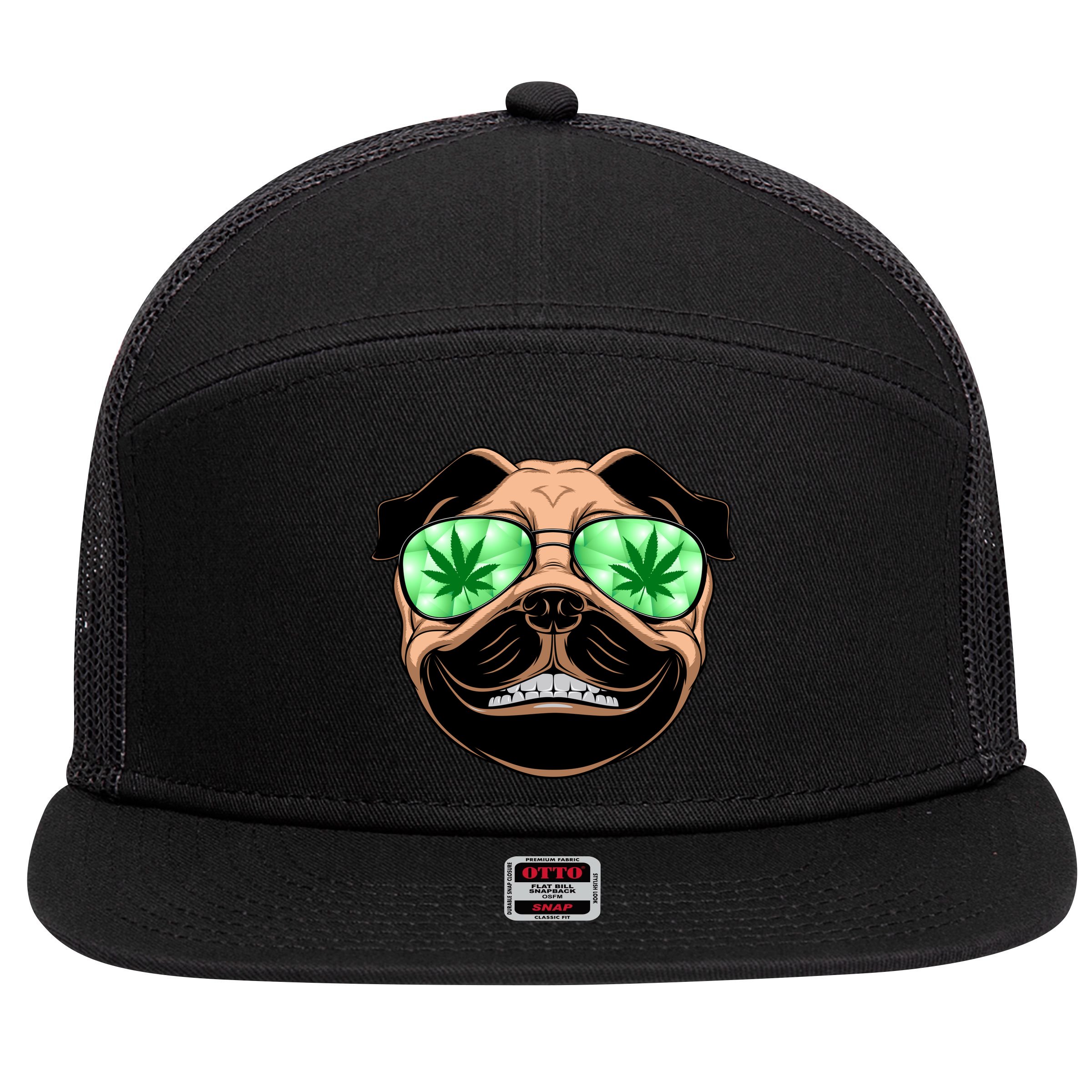 High Off Weed Smiling Pug 7 Panel Mesh Trucker Snapback Hat