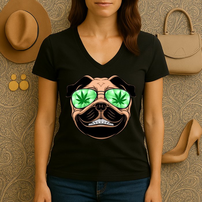 High Off Weed Smiling Pug Women's V-Neck T-Shirt