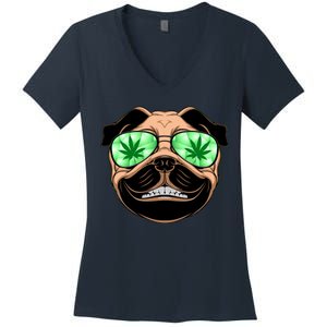 High Off Weed Smiling Pug Women's V-Neck T-Shirt