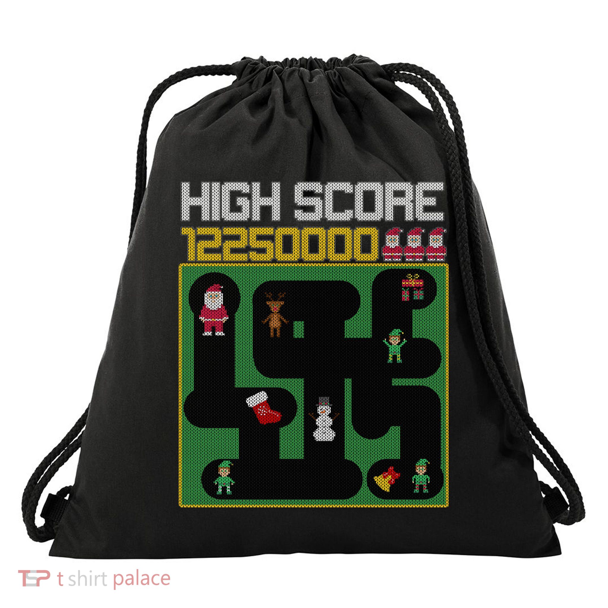 High Score 8-Bit Santa Game Ugly Christmas Drawstring Bag