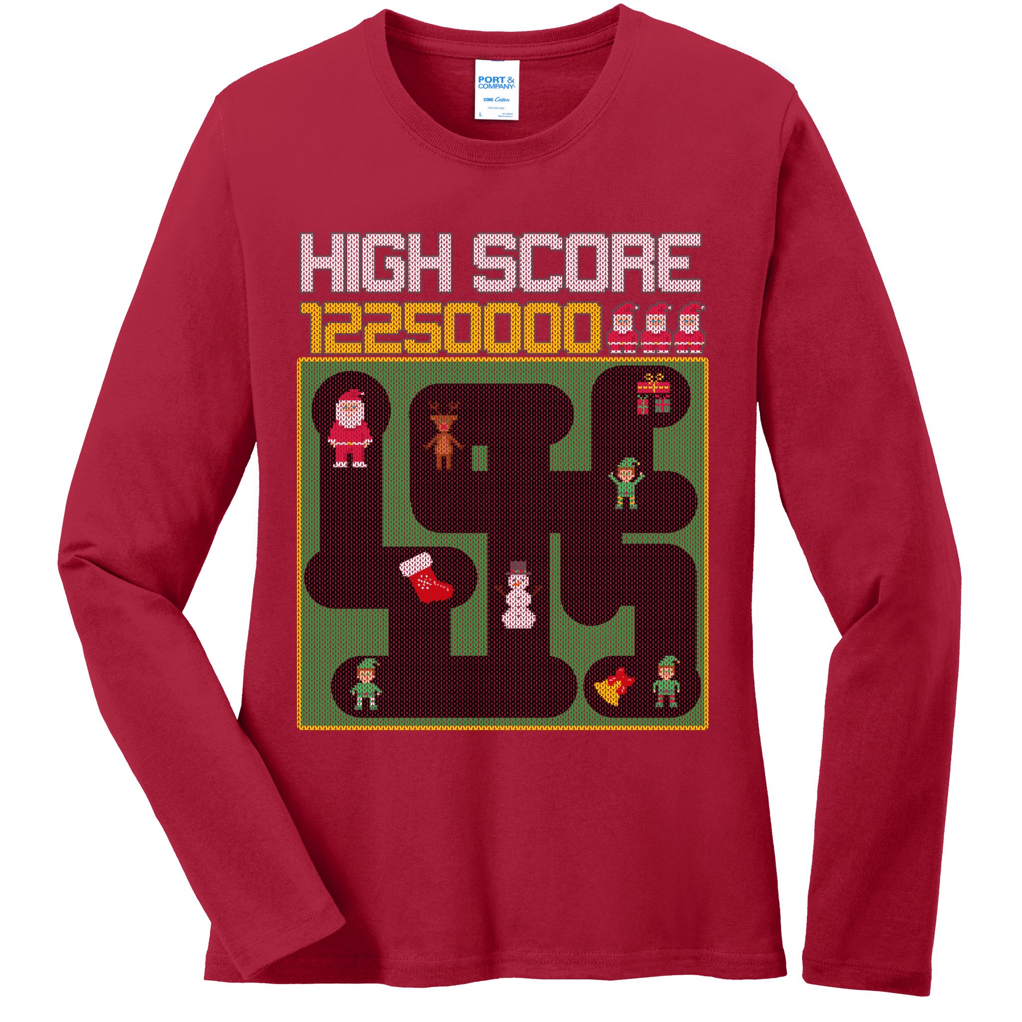High Score 8-Bit Santa Game Ugly Christmas Ladies Long Sleeve Shirt