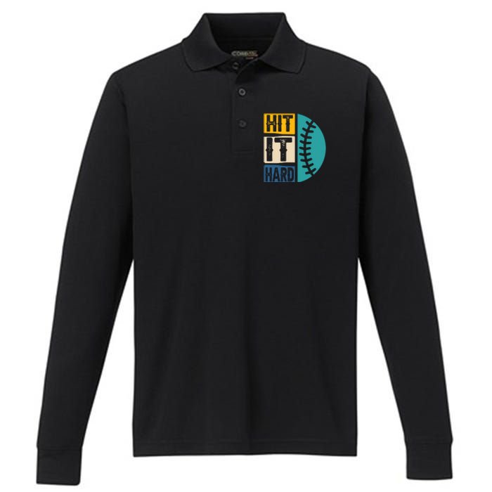 Hit It Hard Baseball Gift Performance Long Sleeve Polo