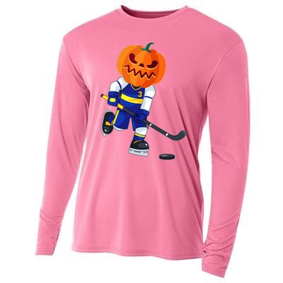 Halloween Ice Hockey Player Pumpkin Head Scary Cooling Performance Long Sleeve Crew