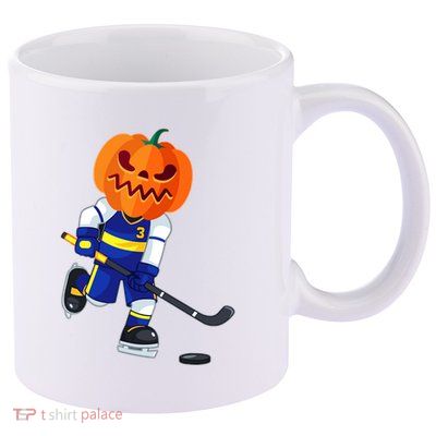Halloween Ice Hockey Player Pumpkin Head Scary 11oz C Handle Ceramic Mug