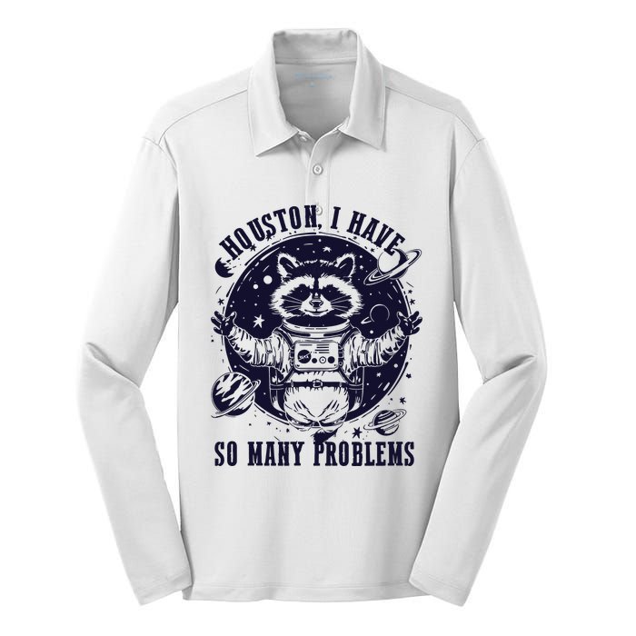 Houston I Have So Many Problems Funny Raccoon In Space Vintage Silk Touch Performance Long Sleeve Polo