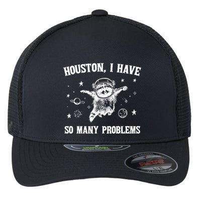 Houston I Have So Many Problems Raccoon In Space Retro 90s Graphic Flexfit Unipanel Trucker Cap