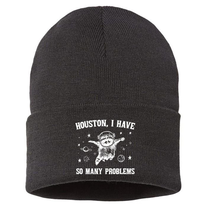 Houston I Have So Many Problems Raccoon In Space Retro 90s Graphic Sustainable Knit Beanie