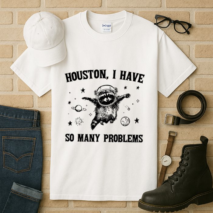 Houston I Have So Many Problems Raccoon In Space Retro 90s Graphic Tall T-Shirt