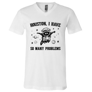 Houston I Have So Many Problems Raccoon In Space Retro 90s Graphic V-Neck T-Shirt