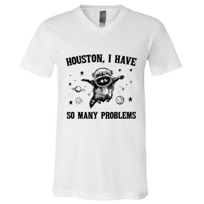 Houston I Have So Many Problems Raccoon In Space Retro 90s Graphic V-Neck T-Shirt