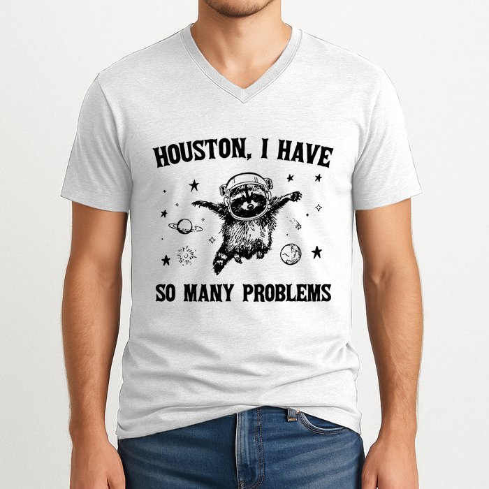 Houston I Have So Many Problems Raccoon In Space Retro 90s Graphic V-Neck T-Shirt