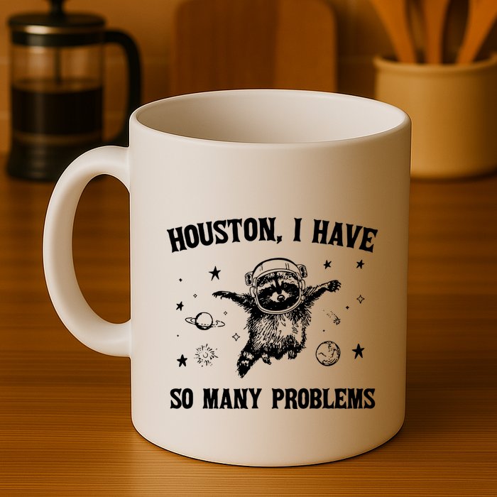 Houston I Have So Many Problems Raccoon In Space Retro 90s Graphic Mug