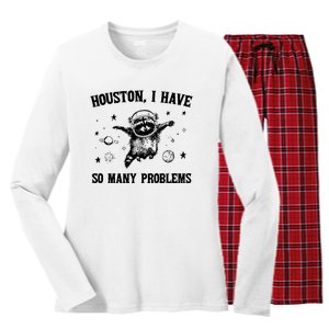 Houston I Have So Many Problems Raccoon In Space Retro 90s Graphic Women's Long Sleeve Flannel Pajama Set 