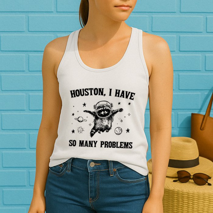 Houston I Have So Many Problems Raccoon In Space Retro 90s Graphic Womens Tank Top