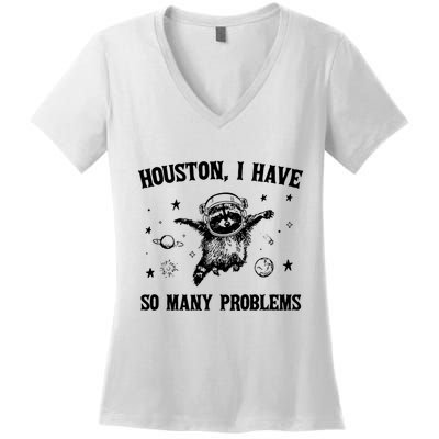Houston I Have So Many Problems Raccoon In Space Retro 90s Graphic Women's V-Neck T-Shirt