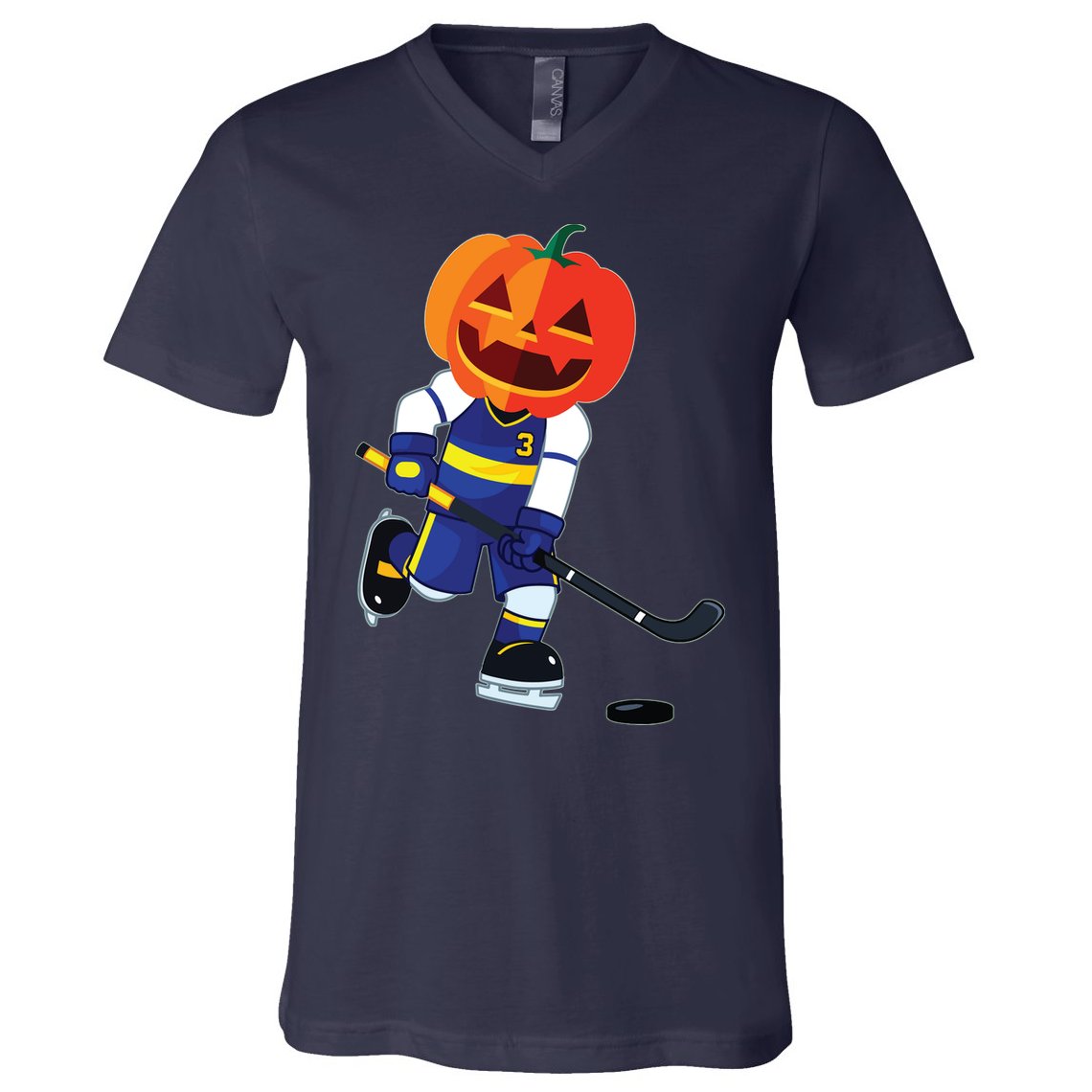 Halloween Ice Hockey Player Pumpkin Head Scary Gift V-Neck T-Shirt