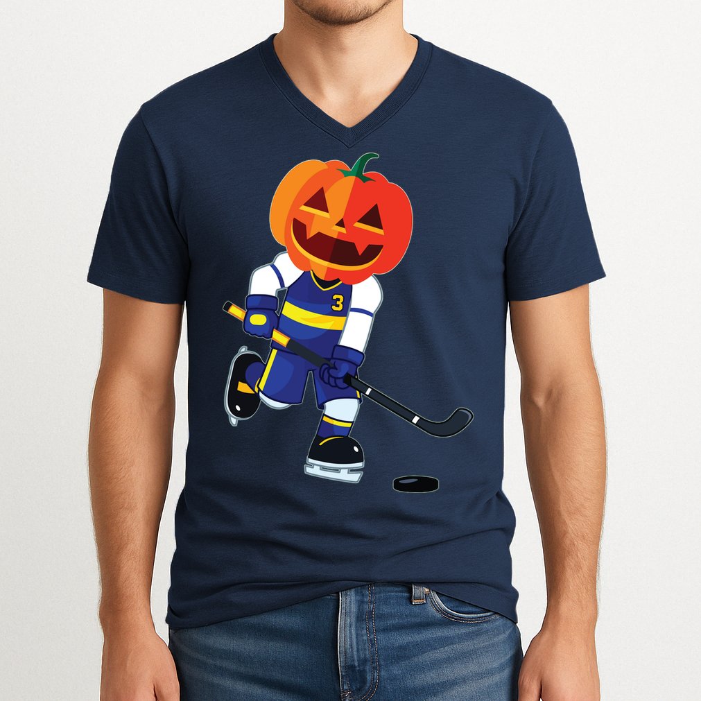 Halloween Ice Hockey Player Pumpkin Head Scary Gift V-Neck T-Shirt