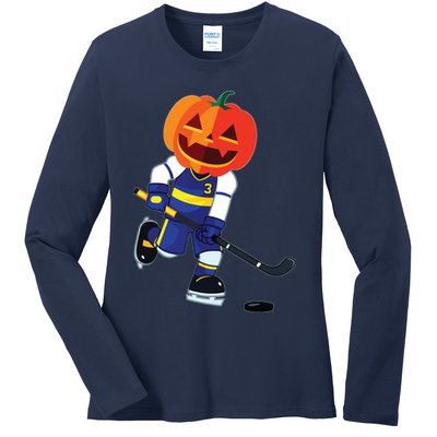 Halloween Ice Hockey Player Pumpkin Head Scary Gift Ladies Long Sleeve Shirt