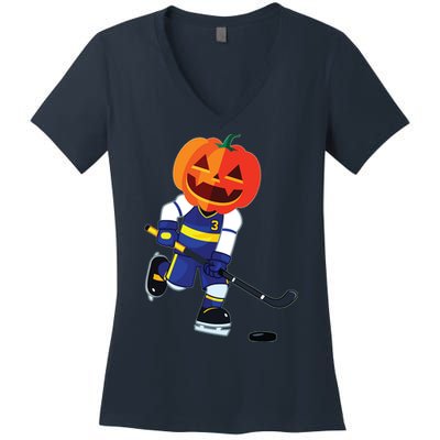 Halloween Ice Hockey Player Pumpkin Head Scary Gift Women's V-Neck T-Shirt