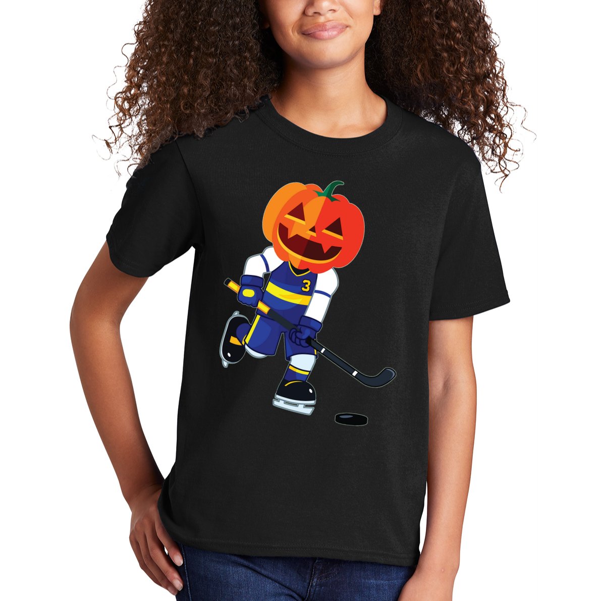 Halloween Ice Hockey Player Pumpkin Head Scary Gift Kids T-Shirt