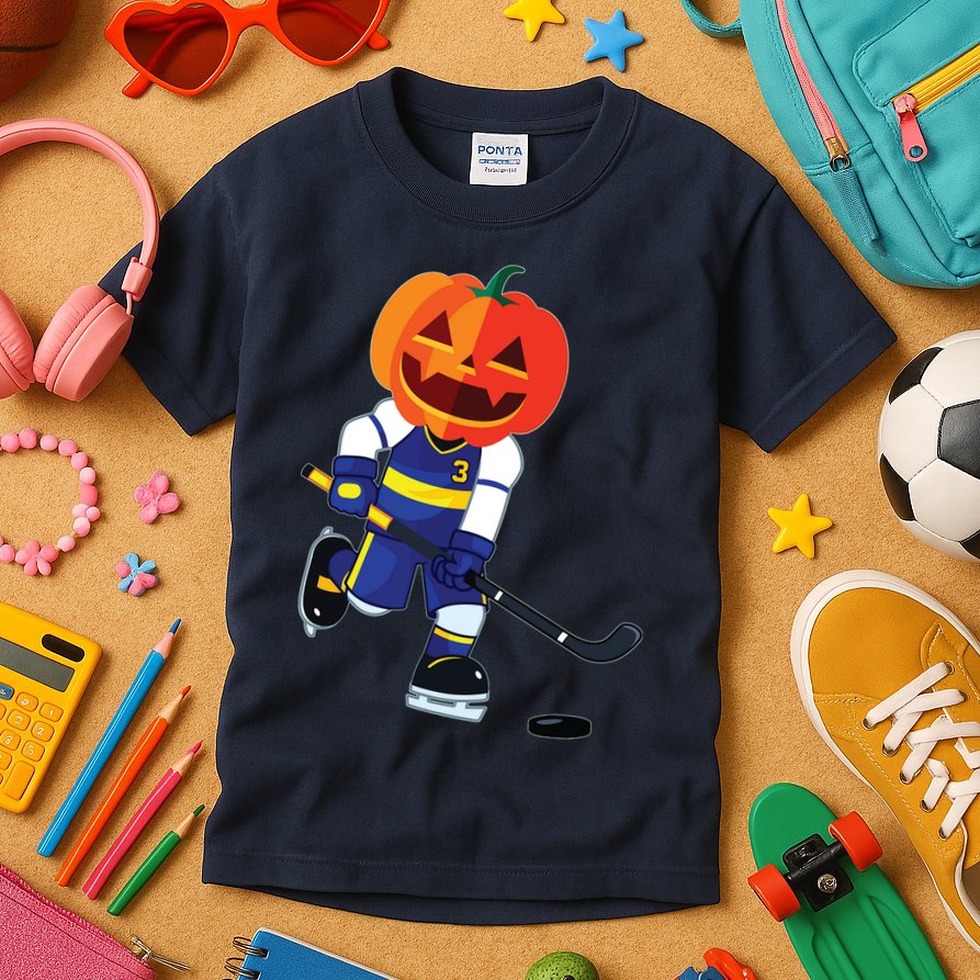 Halloween Ice Hockey Player Pumpkin Head Scary Gift Kids T-Shirt
