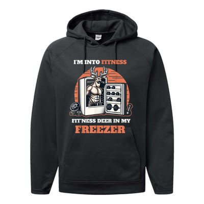 Hunting IM Into Fitness Deer Freezer Funny Hunter Dad Performance Fleece Hoodie