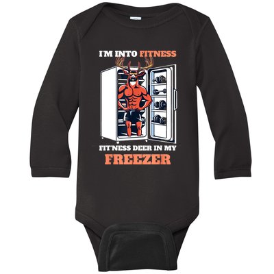 Hunting IM Into Fitness Deer Freezer Funny Hunter Dad Baby Long Sleeve Bodysuit