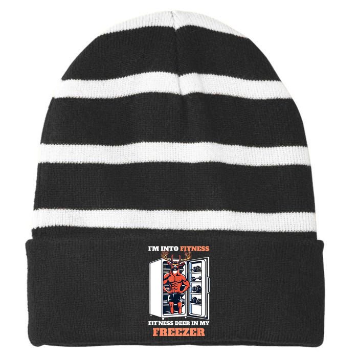 Hunting IM Into Fitness Deer Freezer Funny Hunter Dad Striped Beanie with Solid Band