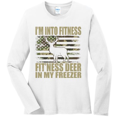 Hunting IM Into Fitness FitNess Deer In My Freezer Ladies Long Sleeve Shirt