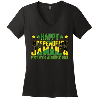 Happy Independence Jamaica Est 6th August 1962 Jamaican Flag Women's V-Neck T-Shirt