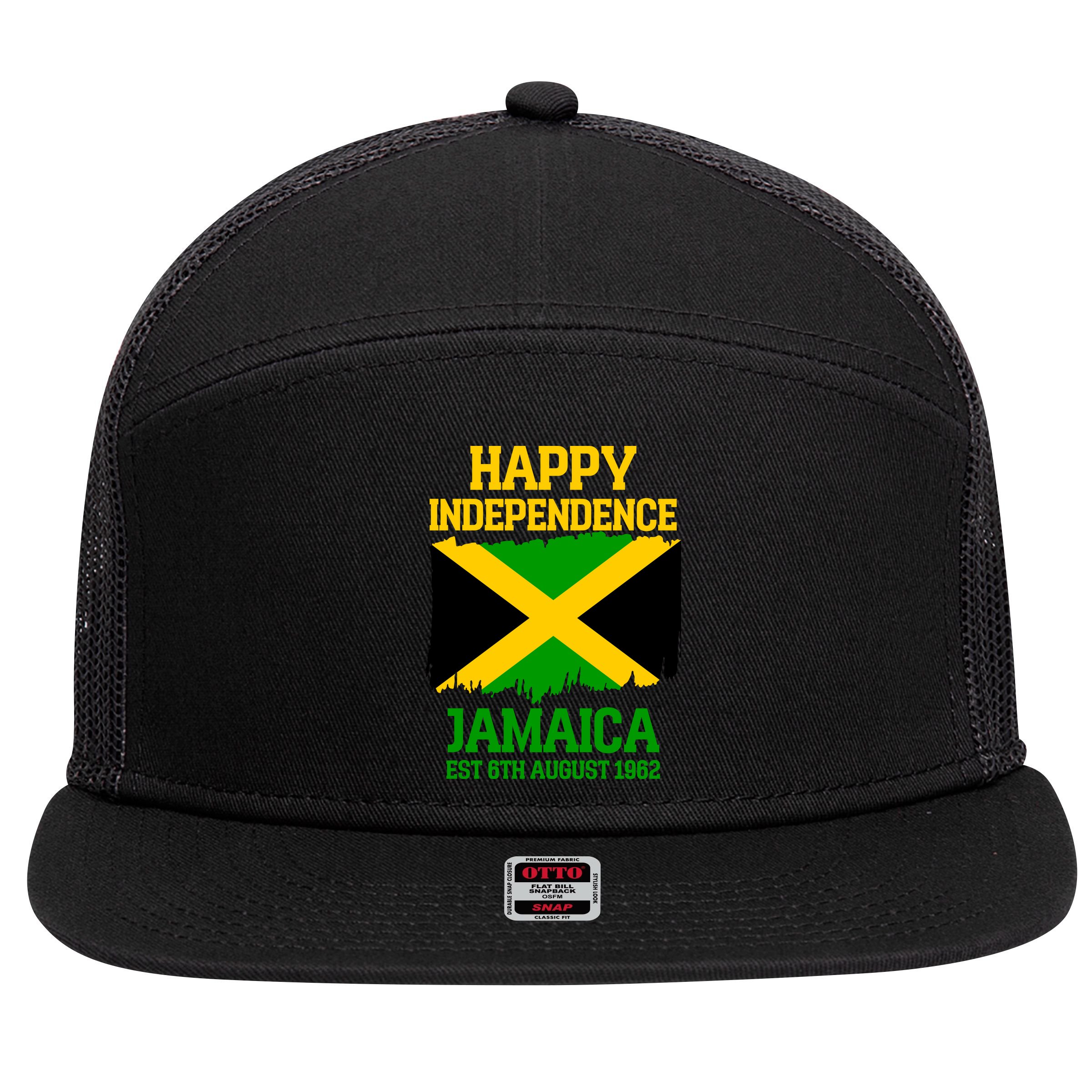 Happy Independence Jamaica Est 6th August 1962 Jamaican Flag 7 Panel Mesh Trucker Snapback Hat