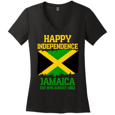 Happy Independence Jamaica Est 6th August 1962 Jamaican Flag Women's V-Neck T-Shirt