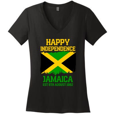 Happy Independence Jamaica Est 6th August 1962 Jamaican Flag Women's V-Neck T-Shirt