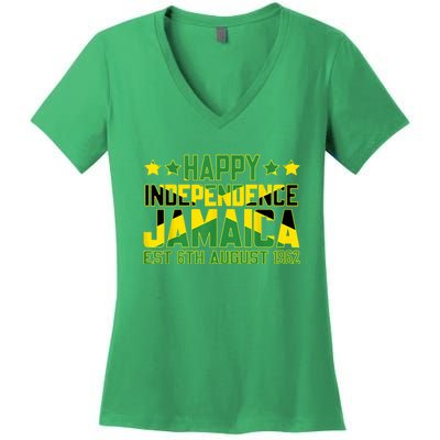 Happy Independence Jamaica Est 6th August 1962 Jamaican Flag Women's V-Neck T-Shirt