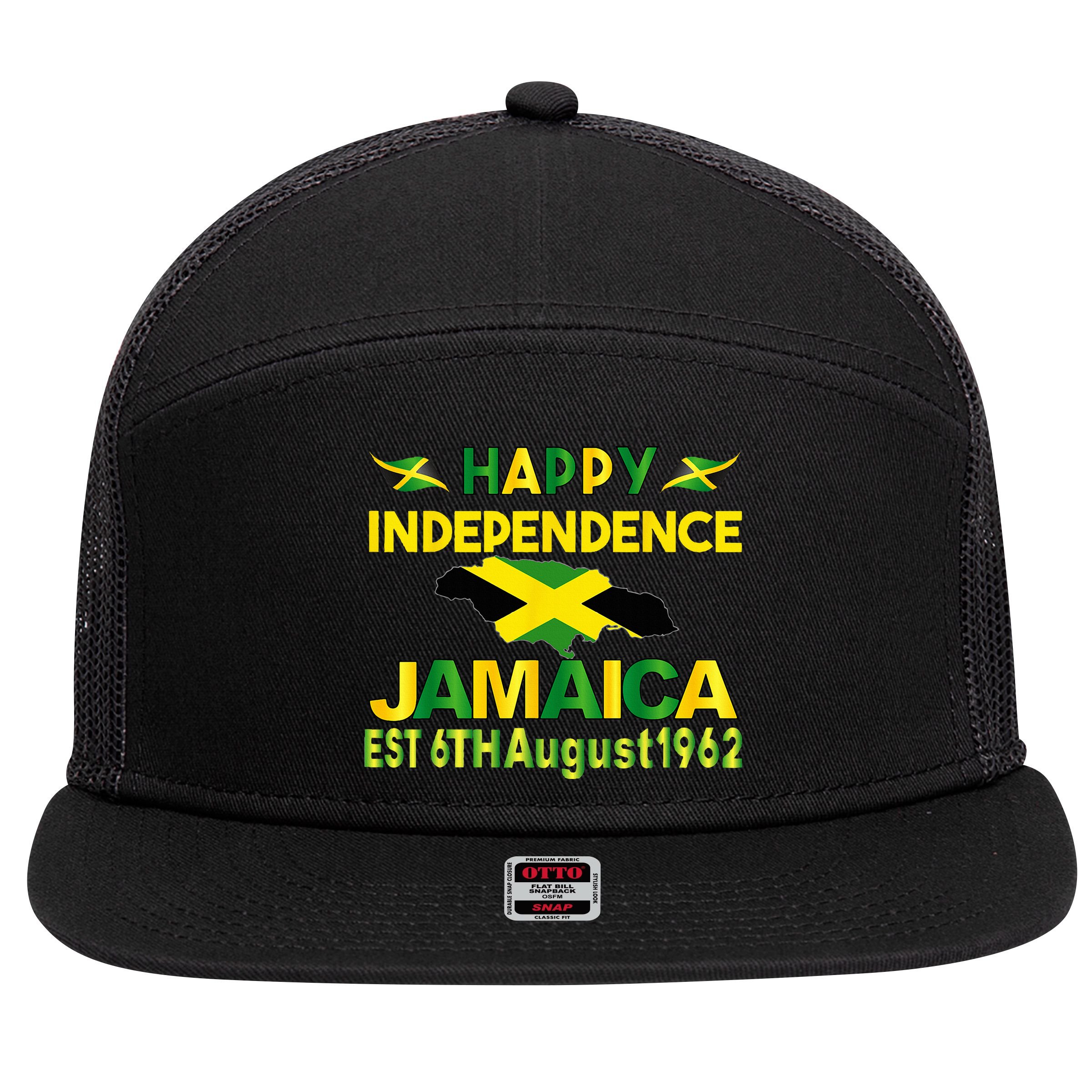 Happy Independence Jamaica Day Jamaican Flag 1962 7 Panel Mesh Trucker Snapback Hat