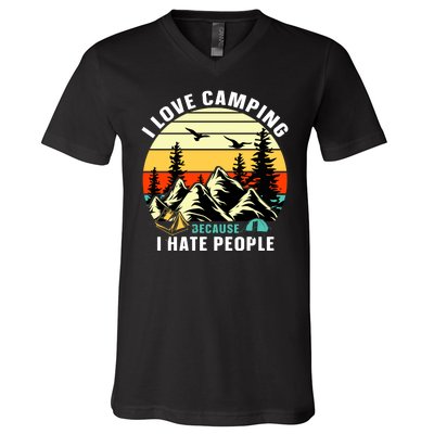 Humor I Love Camping Because I Hate People Retro Sunset V-Neck T-Shirt