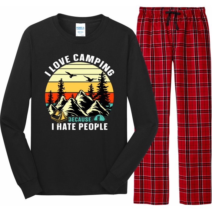 Humor I Love Camping Because I Hate People Retro Sunset Long Sleeve Pajama Set