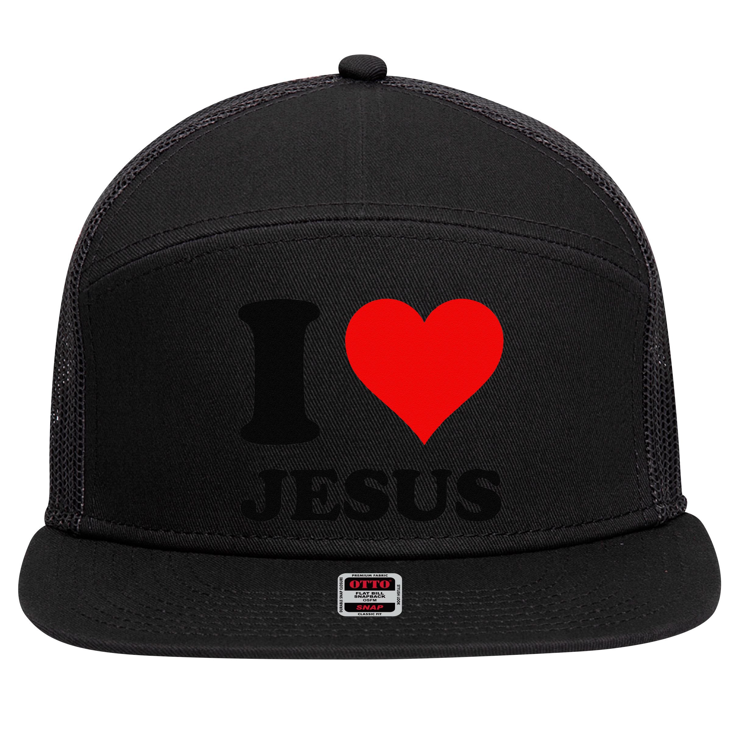 Heart I Love Jesus 7 Panel Mesh Trucker Snapback Hat