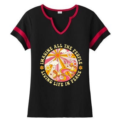 Hippie Imagine Living Life In Peace Sign Mushroom Retro 70s Ladies Halftime Notch Neck Tee