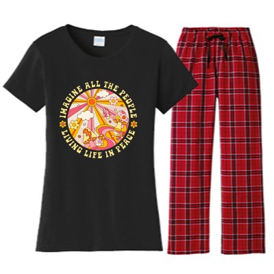 Hippie Imagine Living Life In Peace Sign Mushroom Retro 70s Women's Flannel Pajama Set