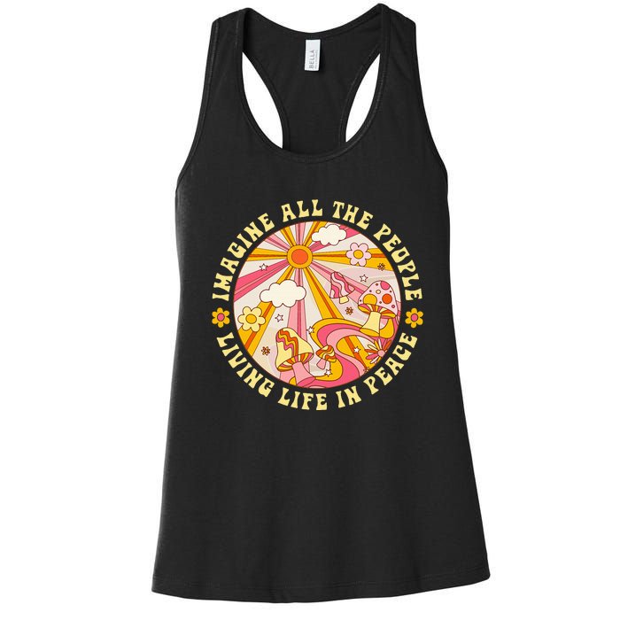 Hippie Imagine Living Life In Peace Sign Mushroom Retro 70s Women's Racerback Tank