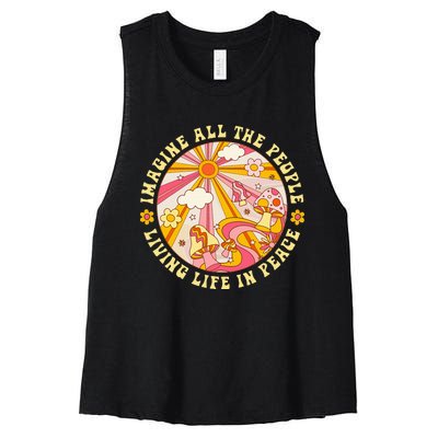 Hippie Imagine Living Life In Peace Sign Mushroom Retro 70s Women's Racerback Cropped Tank