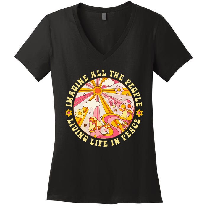 Hippie Imagine Living Life In Peace Sign Mushroom Retro 70s Women's V-Neck T-Shirt