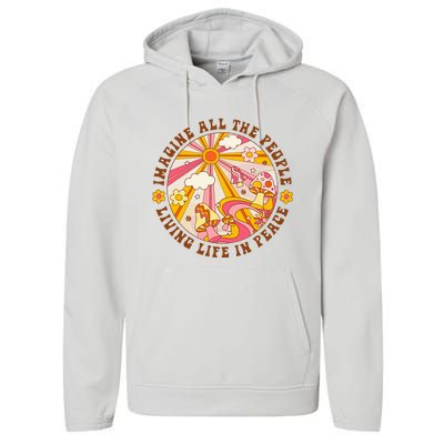 Hippie Imagine Living Life In Peace Sign Mushroom Retro 70s Performance Fleece Hoodie