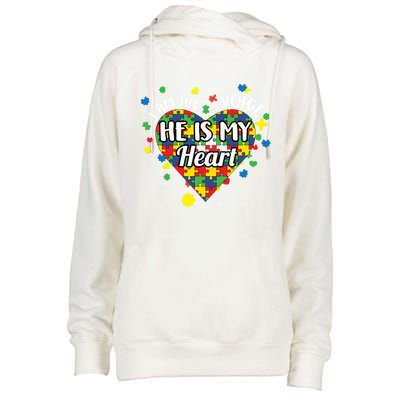 He Is My Heart Autism Awareness Puzzle Piece Cool Gift Womens Funnel Neck Pullover Hood