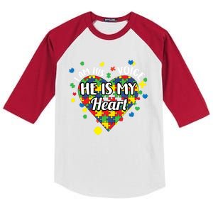 He Is My Heart Autism Awareness Puzzle Piece Cool Gift Kids Colorblock Raglan Jersey