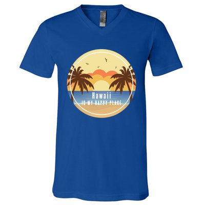 Hawaii Is My Happy Place Fun Beach Vacation Palm Trees Sun Gift V-Neck T-Shirt