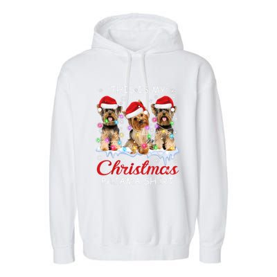 His Is My Christmas Pajama Santa Yorkie Dog Owners Garment-Dyed Fleece Hoodie