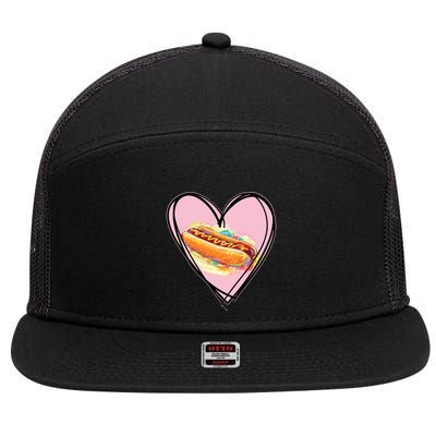 Hotdog Is My Valentine I Love Hotdog I Heart Hotdog Graphic Gift 7 Panel Mesh Trucker Snapback Hat