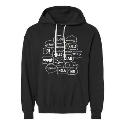 Hello In Many Languages Translator Globetrotter Polyglot Garment-Dyed Fleece Hoodie